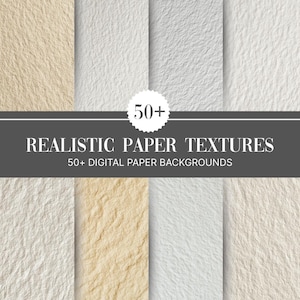 Pode incluir: Imagem digital mostrando uma variedade de texturas de papel realistas em tons de bege, branco e cinza. A imagem inclui o texto "50+ REALISTIC PAPER TEXTURES" e "50+ DIGITAL PAPER BACKGROUNDS" em uma faixa cinza escuro.