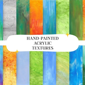 Puede incluir: Una colección de texturas acrílicas pintadas a mano en varios colores, incluyendo verde, naranja, azul y amarillo. La imagen presenta una variedad de fondos abstractos con efectos de pinceladas. El texto en la imagen dice "HAND-PAINTED ACRYLIC TEXTURES."