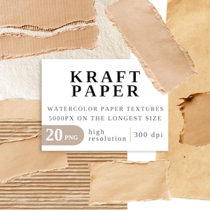May include: A collection of torn kraft paper and cardboard textures in various shades of brown and beige. The central white label displays the text KRAFT PAPER, WATERCOLOR PAPER TEXTURES, 5000PX ON THE LONGEST SIZE, 20 PNG, high resolution, 300 dpi.