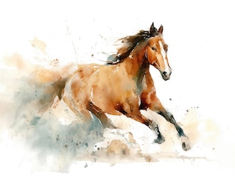 May include: Watercolor painting of a running horse. The horse is depicted in shades of brown and tan with a white stripe on its face. The artwork has a dynamic feel with splashes of color suggesting movement and speed, set against a white background.