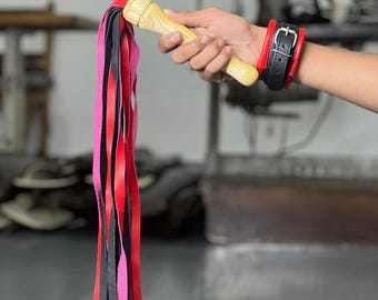 Handmade Leather Flogger with Wooden Handle – Red & Black Cowhide Whip, Soft Leather Tails, Sensual Impact Toy, Gift for Him and Her