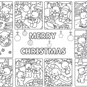 May include: Black and white coloring book page with a Christmas theme. The page features various scenes with cartoon animals, including bears and rabbits, engaged in holiday activities. The words "MERRY CHRISTMAS" are prominently displayed.