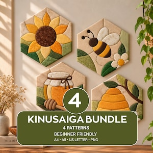 Pode incluir: Quatro peças de arte de parede hexagonal em tecido com desenhos acolchoados de um girassol, uma abelha, um pote de mel com colher e uma colmeia. O texto diz 4 KINUSAIGA BUNDLE 4 PATTERNS BEGINNER FRIENDLY A4 A5 US LETTER PNG.
