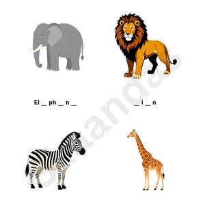 Puede incluir: Una hoja de trabajo para niños con el título "Identifica la imagen y completa sus nombres". Presenta ilustraciones de un elefante, un león, una cebra y una jirafa. Los nombres están parcialmente escritos con espacios en blanco para completar.