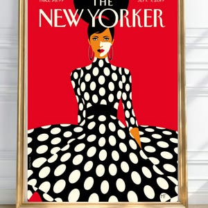 Può includere: Stampa incorniciata della copertina della rivista The New Yorker. L'opera presenta una donna in un abito a pois bianchi e neri su sfondo rosso. Il titolo della rivista è in bianco, con la data del 9 settembre 2019.
