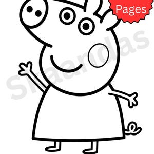 Pode incluir: Um desenho de linhas a preto e branco de uma personagem de porco com uma cabeça redonda, dois olhos, um focinho e uma pequena cauda encaracolada. A personagem acena com uma mão. Um emblema vermelho em forma de estrela contém 40 Pages.