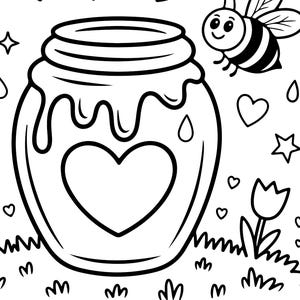 Può includere: Illustrazione in bianco e nero di un barattolo di miele a forma di cuore, miele che gocciola e un'ape sorridente. L'immagine include anche cuori, stelle e un fiore, il tutto in uno stile semplice.