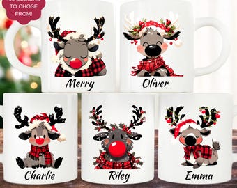 Reindeer Christmas Mug, Personalized Christmas Mug with Name, Cute Holiday Hot Cocoa Cup, Family Holiday Gift, Custom Christmas Mug