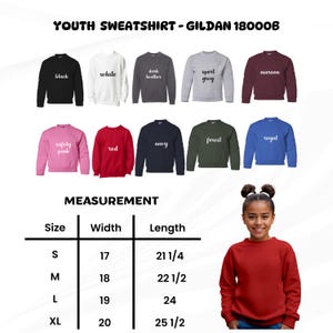 May include: A red youth sweatshirt with the text "YOUTH SWEATSHIRT - GILDAN 180006". The image shows various sweatshirt colours, including black, white, dark heather, sport grey, maroon, safety pink, red, navy, forest, and royal. Measurements are provided in inches.