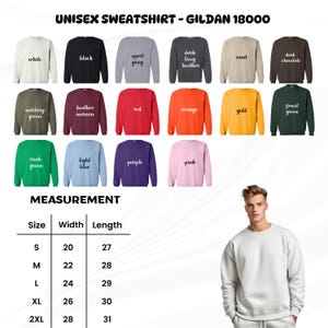 May include: A range of Gildan 18000 unisex sweatshirts in colours like white, black, and red. The image includes a size chart with measurements in inches: width from 20 to 28 inches, and length from 27 to 31 inches (approx. 51-71 cm and 69-79 cm).