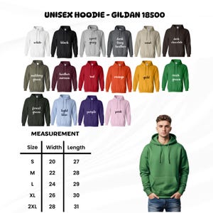 May include: A range of unisex Gildan 18500 hoodies in colours such as white, black, and green. The image includes a size chart with measurements in inches, with widths from 20 inches to 28 inches and lengths from 27 inches to 31 inches.