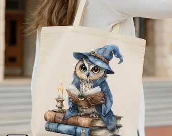 Bookish Canvas Tote Bag,Reading Wizard Owl Bag,Witchy Book Lover Gift,Library Book Bag
