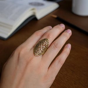 Filigree Statement Ring, Brass Boho Ring, Vintage Style Ring, Gold Plated Jewelry, Handmade Adjustable Ring, Geometric Filigree Ring
