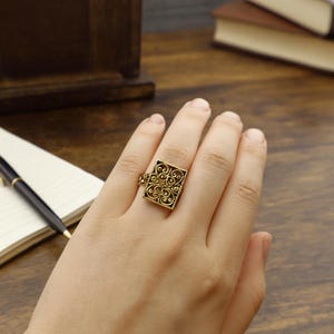 Boho Brass Statement Ring, Vintage Filigree Ring – Handmade Gold Ring with Intricate Square Design, Unique Artisanal Jewelry