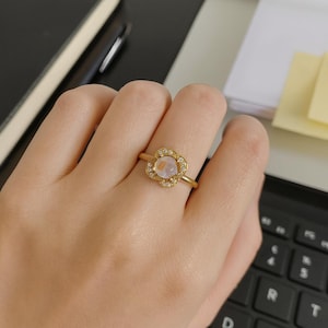 Gold Plated Moonstone Ring, Natural Rainbow Moonstone Jewelry, Handmade Brass Ring with Crystals,  Spiritual Boho Jewelry, Gift for Her
