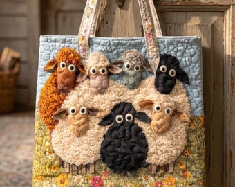 Quilted Sheep Tote Bag, Colorful Illustration Padded Shoulder Bag, Animal Lover Gift , Tote Bag Gift for Women