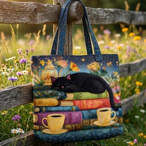 May include: A blue tote bag with a cat design. The bag features a black cat sleeping on a stack of books, with teacups and floral illustrations. The bag is hanging on a wooden fence in a field of wildflowers.