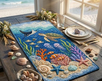 Sea Turtle Quilted Table Runner, Coastal Ocean Turtle Quilted Table Runner, Beach Nautical Patchwork Runner, Tropical Kitchen Table Decor