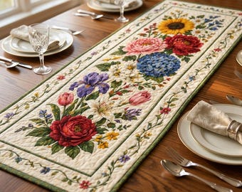 Handmade Floral Quilted Table Runner, Sunflower and Hydrangea Patchwork Table Decor, Rustic Farmhouse Kitchen Dining Decor, Cottagecore Gift