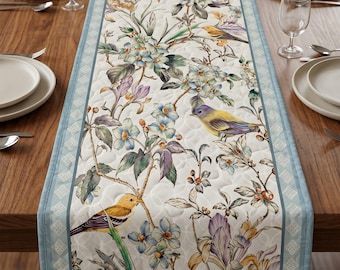 Bird Floral Quilt Table Runner, Quilted Farmhouse Table Decor, Colorful Flower Table Topper, Cottagecore Dining Table Runner Gift