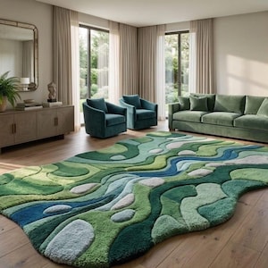Modern Abstract Moss Rug 3D Hand Tufted Wool Area Carpet Irregular Wavy Shape Sage Green Forest River Rug Biophilic Living Room Decor