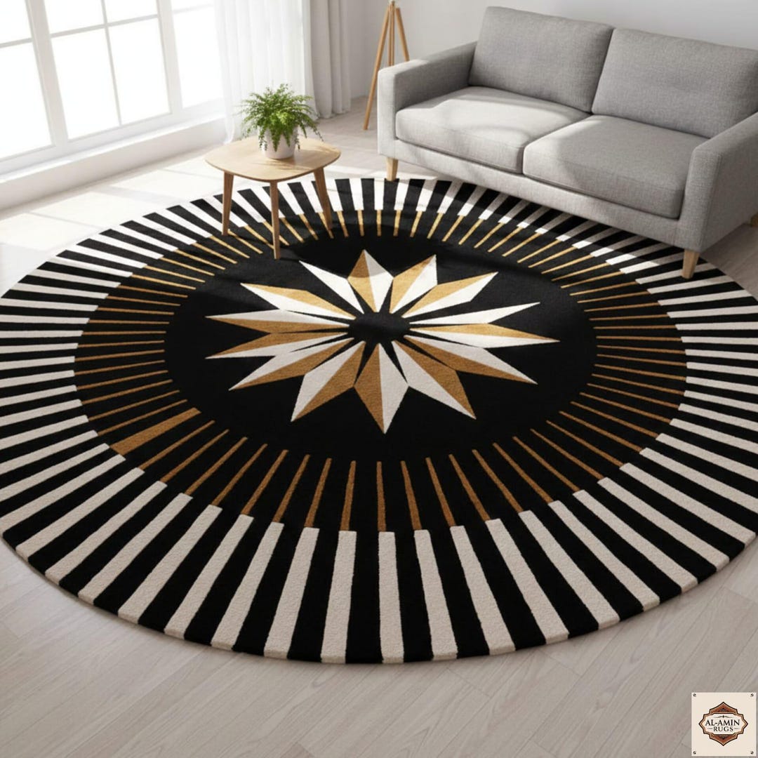 Starburst Rug Gold Hand-tufted Wool Round Rug: Black Gold Starburst Design - Etsy
