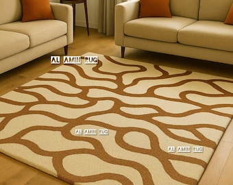 Alfombra abstracta ondulada artística, moderna alfombra para sala de estar en tonos neutros, alfombra única hecha a mano
