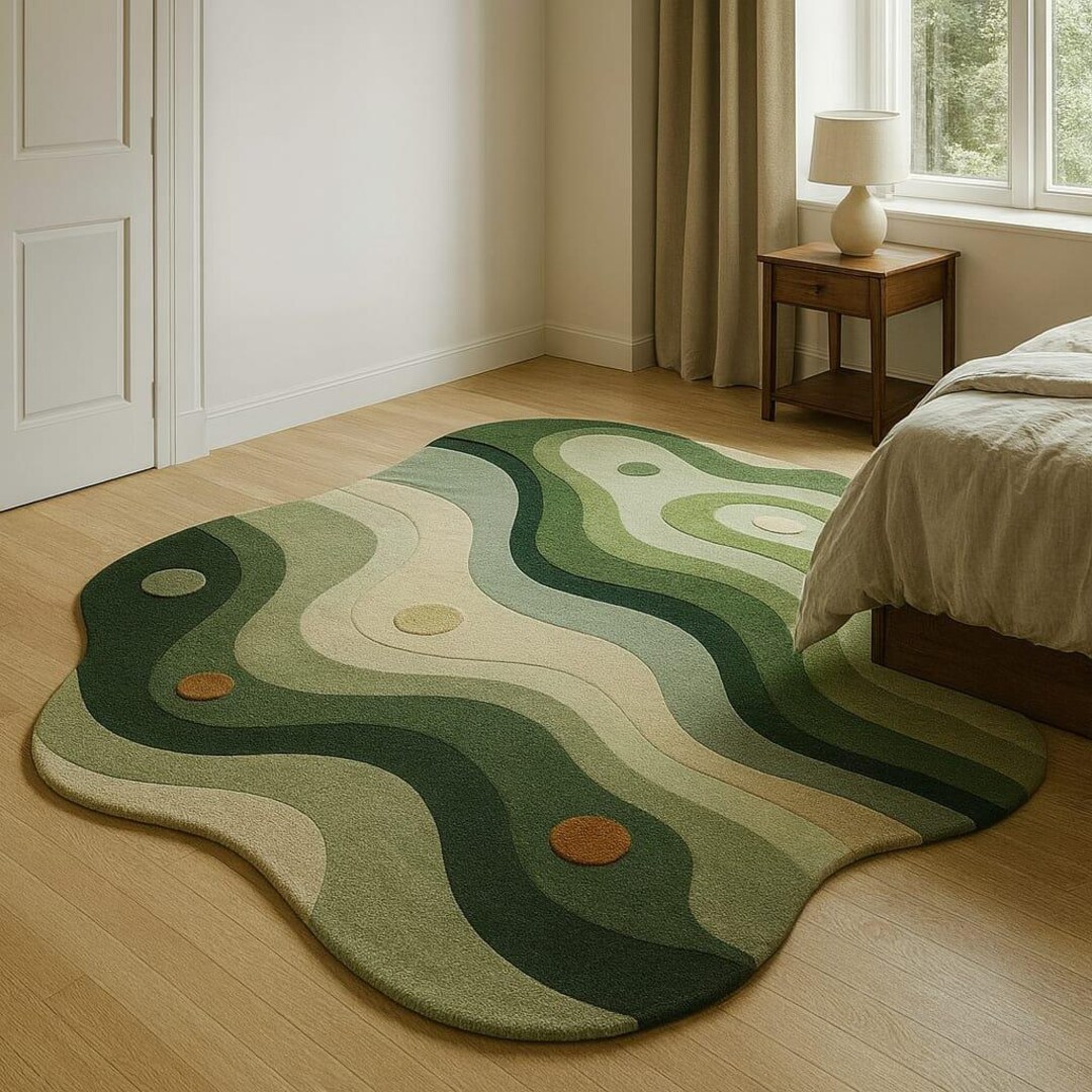 Hand-tufted Wool Green Wave Rug | Abstract Earth Tone Carpet - Etsy