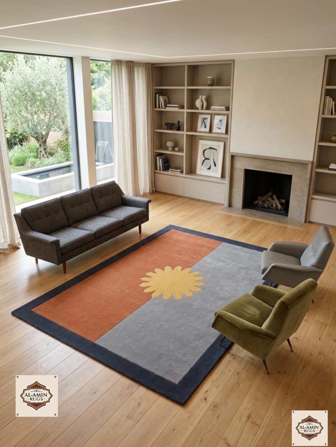 Hand Tufted Wool Rug Mid Century Modern Sunburst Area Rug Terracotta ...