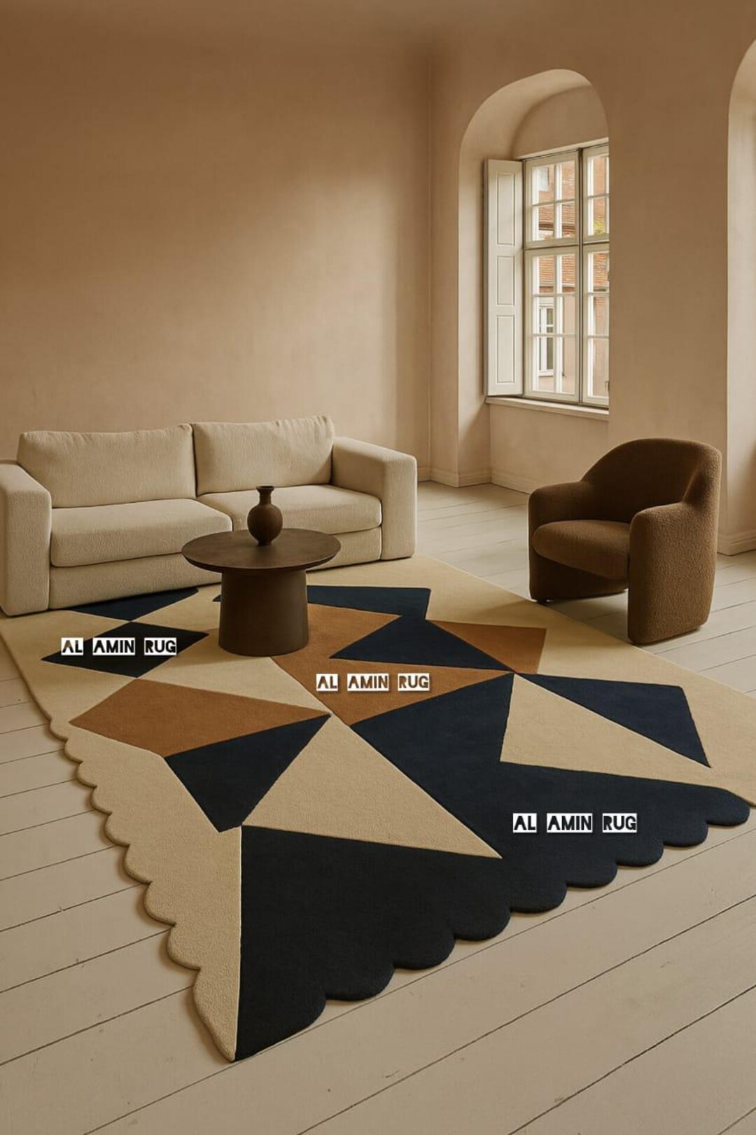 Geometric Wool Scalloped Rug, Modern Asymmetrical Area Rug With ...