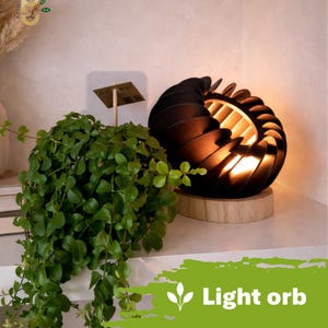 Könnte beinhalten: Eine schwarze, kugelförmige Lampe mit Spiraldesign, die warmes Licht ausstrahlt. Die Lampe steht auf einem runden Holzsockel. Das Bild zeigt auch eine grüne Pflanze und den Text "Light orb".