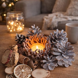 Può includere: Una scena accogliente con una candela accesa in un portacandele decorativo, circondata da pigne e fette di agrumi essiccate. Un barattolo di luci fatate e una tazza contribuiscono a creare un'atmosfera rustica e calda.