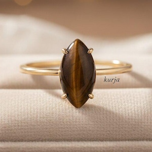 Natural Tigers Eye Ring, Marquise Gemstone Ring, Solatire Boho Statement Ring, Dainty Crystal Ring, Unique Gift for Her, Handmade Jewelry