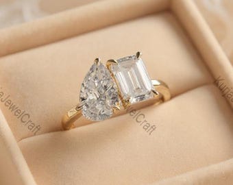 Anillo Toi Et Moi con moissanita en forma de pera y esmeralda - Oro macizo de 14 k