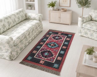 Handwoven Tribal Kilim Rug, Boho Area Carpet, Southwestern Living Room Decor