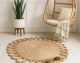 Handmade Braided Jute Rug, Oval Loop Edge, Boho Farmhouse Decor