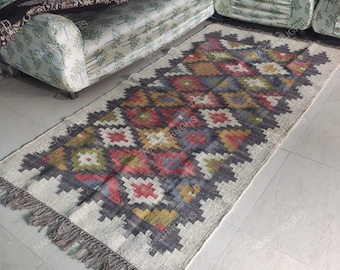 Handwoven Tribal Kilim Area Rug, Colorful Boho Geometric Living Room Decor