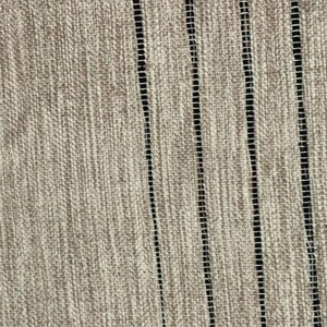 May include: A textured fabric featuring a light beige, woven surface with a series of vertical, thin black stripes. The material displays a visible cross-hatch pattern throughout the beige sections, contrasted by the open, ladder-like weave of the black lines.