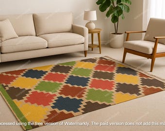 Colorful Boho Area Rug, Geometric Patchwork Kilim Rug, Southwestern Tribal Carpet, Handmade Living Room Decor