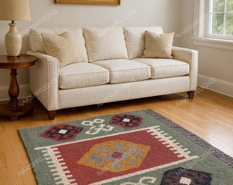 Alfombra tribal tejida a mano, alfombra Kilim geométrica de lana, decoración bohemia para sala de estar.