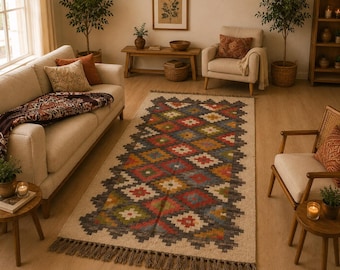 Handwoven Kilim Runner Rug, Colorful Tribal Carpet, Boho Southwestern Hallway Decor