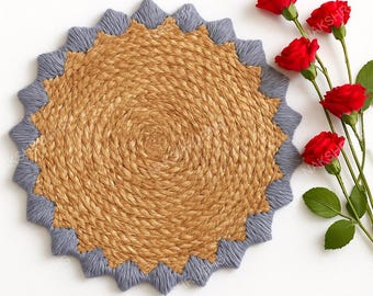 Tappeto rotondo in juta con bordo smerlato, tappeto in fibra naturale tessuto a mano, tappetino da pavimento in stile boho rustico