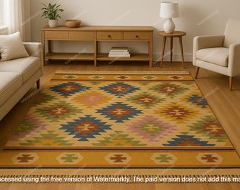 Colorful Kilim Area Rug, Handwoven Tribal Wool Carpet, Boho Farmhouse Decor