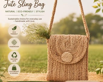 May include: A handwoven jute sling bag with a braided shoulder strap and a circular button closure. The bag features a textured, natural tan fiber construction. Text on the image reads: Handwoven Jute Sling Bag, Natural, Eco-Friendly, Stylish.