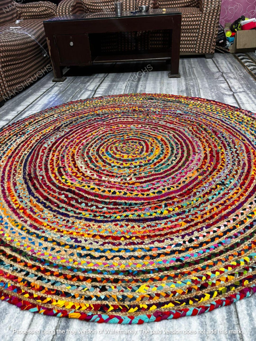 Round Boho Chindi Rug, Handmade Colorful Braided Rag Carpet, Indian ...