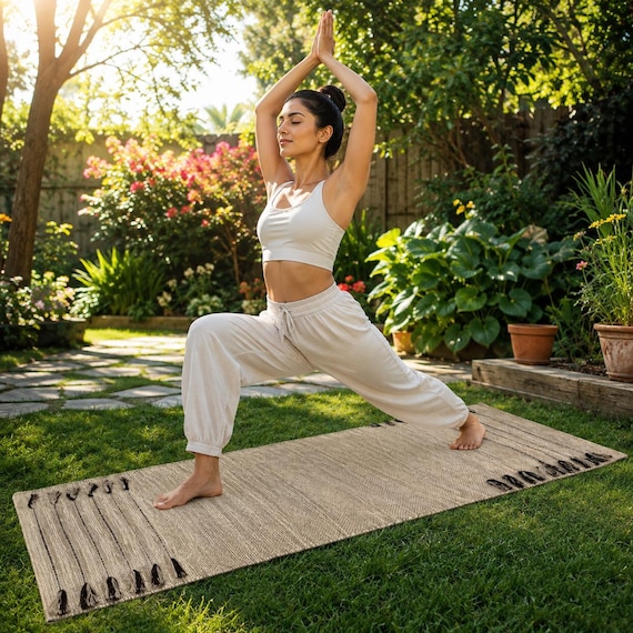 Natural Cotton Yoga Mat, Boho Handwoven Meditation Rug, Eco Friendly Floor Mat