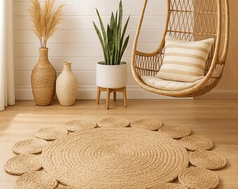 Handmade Round Jute Rug, Scalloped Edge, Boho Farmhouse Style