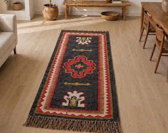 Handwoven Kilim Runner Rug, Tribal Hallway Carpet, Boho Southwestern Entryway Decor