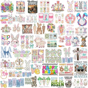 May include: A collage of Easter-themed designs, including bunnies, eggs, carrots, and floral elements. Text includes "Happy Easter," "He is Risen," and other holiday-related phrases. The designs feature various colors and styles.