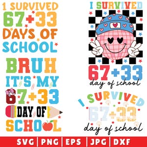 Könnte beinhalten: Buntes Grafikdesign mit dem Text "I Survived 67+33 Days of School". Das Design zeigt eine lächelnde Discokugel, ein Friedenszeichen und Sterne. Verfügbar in SVG, PNG, EPS, JPG und DXF Formaten.